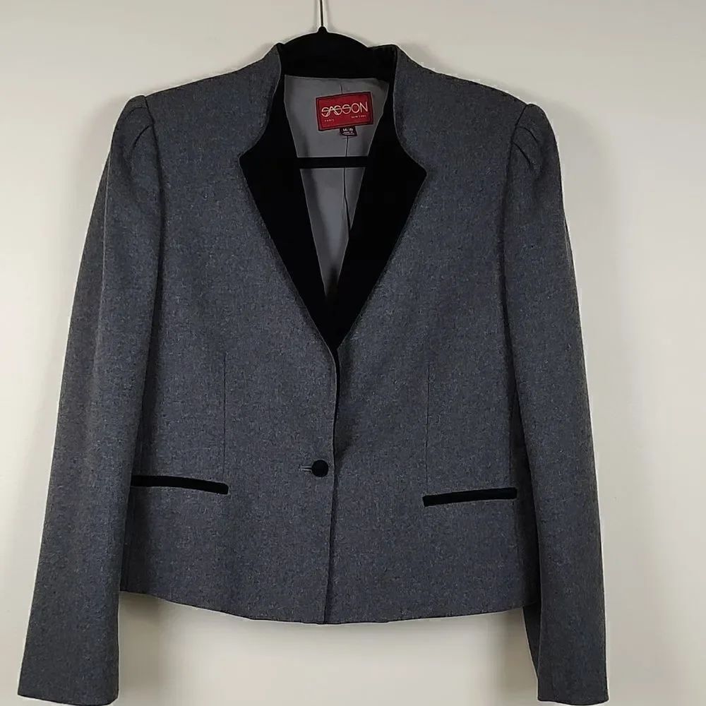 Sasson Gray Wool Blend Velvet Lapel Blazer/Jacket Size 14/15 Vintage